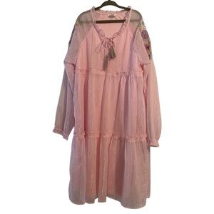 Point Cove Girls Age 9-10 Pink Floral Embroidered Metallic Dress Boho Spring